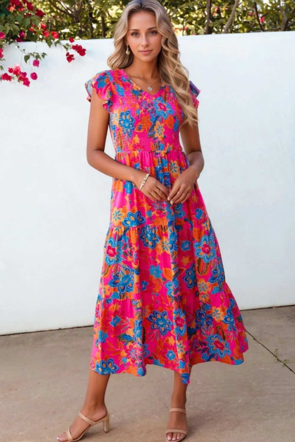 Boho Floral V Neck Ruffle Tiered Dress - Trendsi - Flyclothing LLC