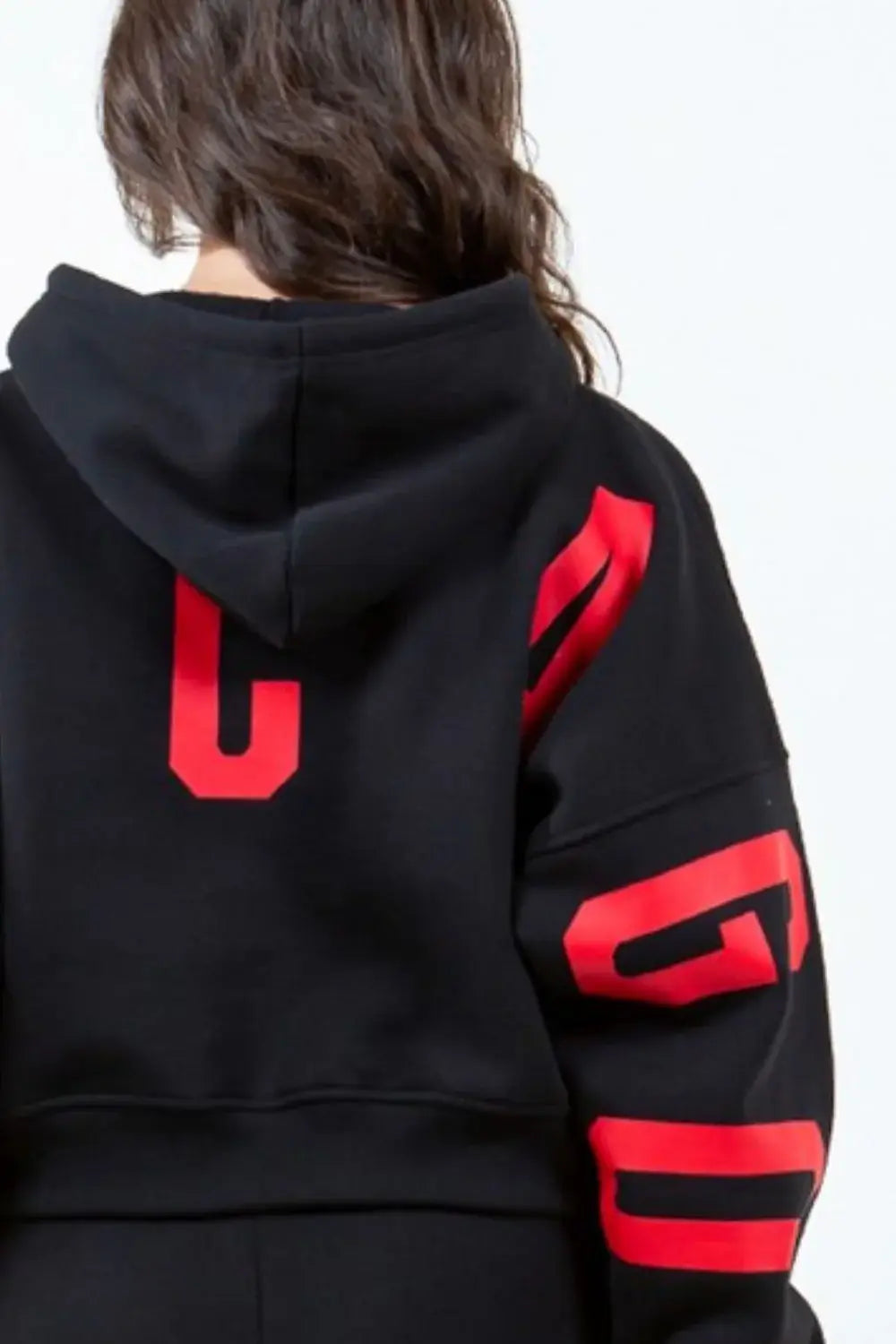 American Bazi Letter Graphic Long Sleeve Drawstring Cropped Hoodie - Trendsi - Flyclothing LLC