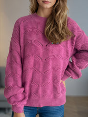 Openwork Round Neck Dropped Shoulder Sweater - Trendsi