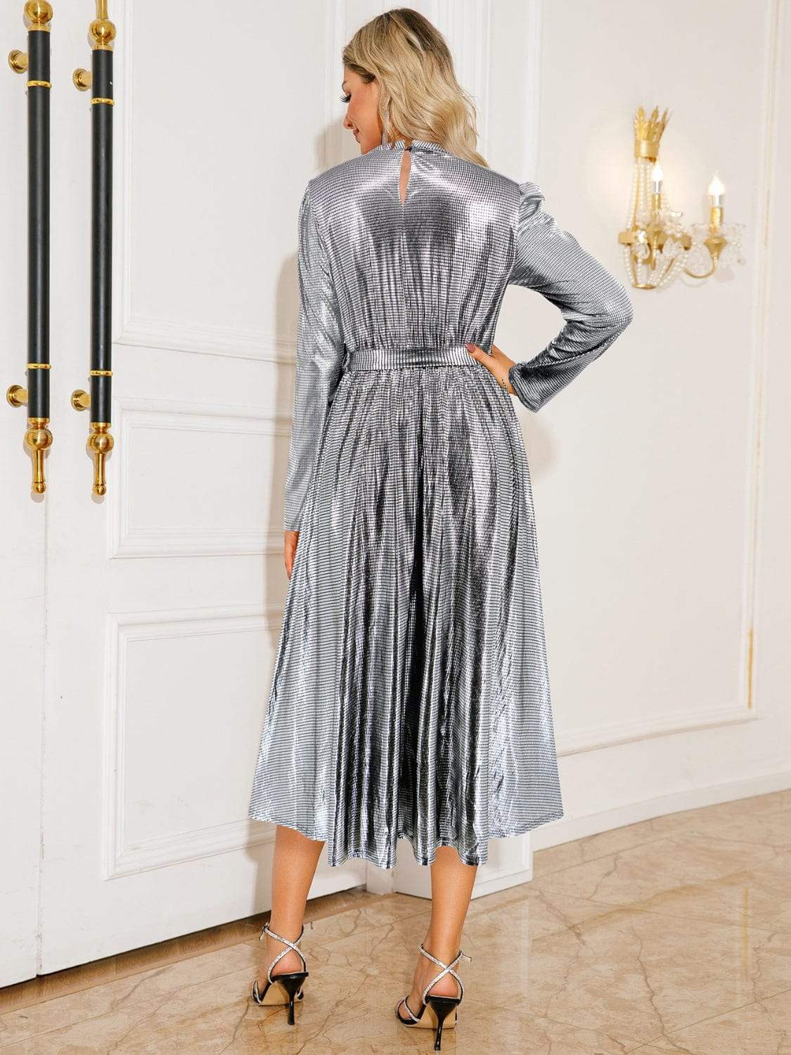 Tie Waist Long Sleeve Midi Dress - Trendsi - Flyclothing LLC