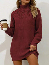 Full Size Turtleneck Fringe Detail Sweater Dress Plus Size - Trendsi - Flyclothing LLC