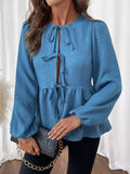 Peplum Tie Neck Balloon Sleeve Blouse - Trendsi