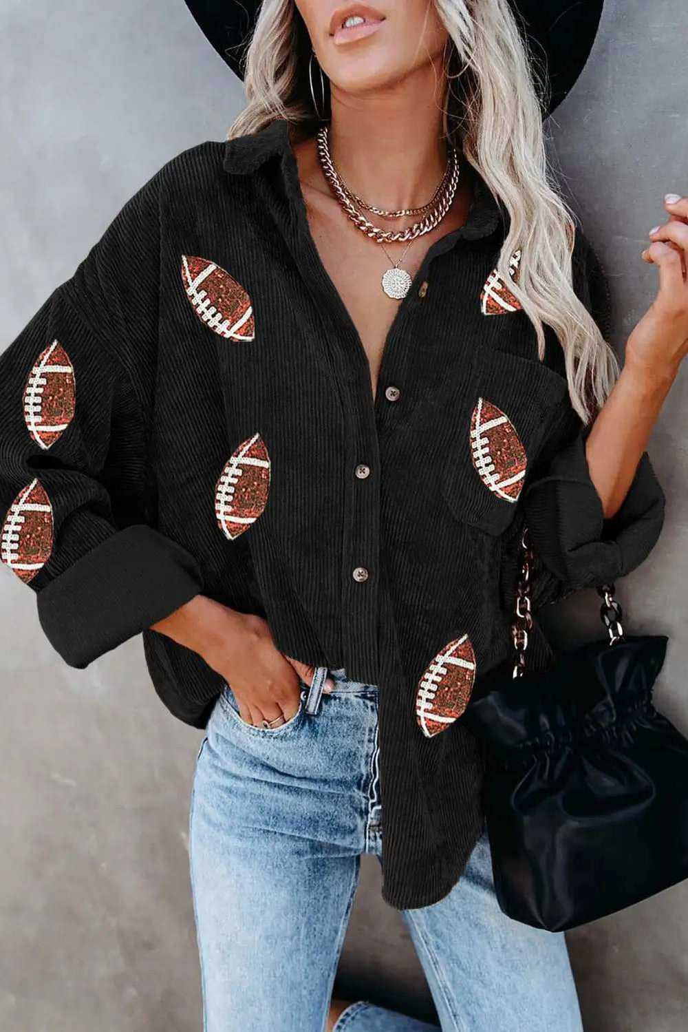Sequin Football Button Up Long Sleeve Jacket - Trendsi - Flyclothing LLC