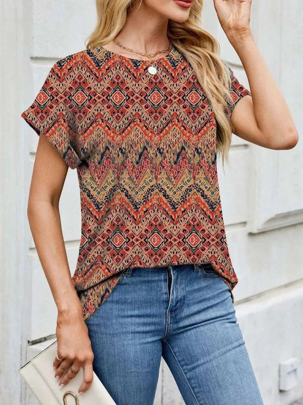 Printed Round Neck Short Sleeve Top - Trendsi - Flyclothing LLC
