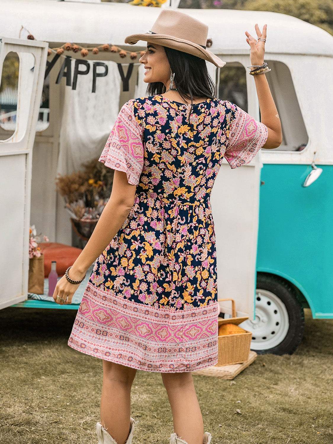 Printed V-Neck Short Sleeve Dress - Trendsi - Flyclothing LLC