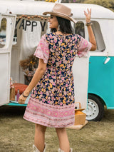 Printed V-Neck Short Sleeve Dress - Trendsi - Flyclothing LLC