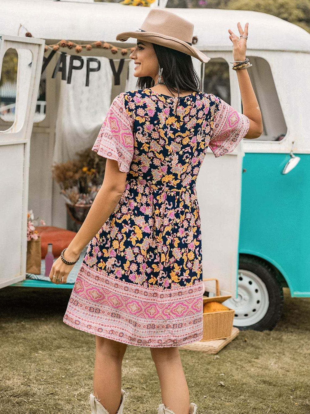 Printed V-Neck Short Sleeve Dress - Trendsi - Flyclothing LLC