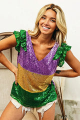 BiBi Mardi Gras Sequin Color Block Ruffled Top - Trendsi - Flyclothing LLC