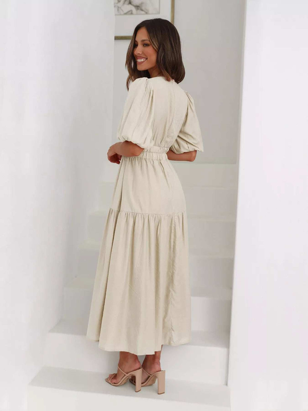 Tiered Puff Sleeve Midi Dress - Trendsi - Flyclothing LLC