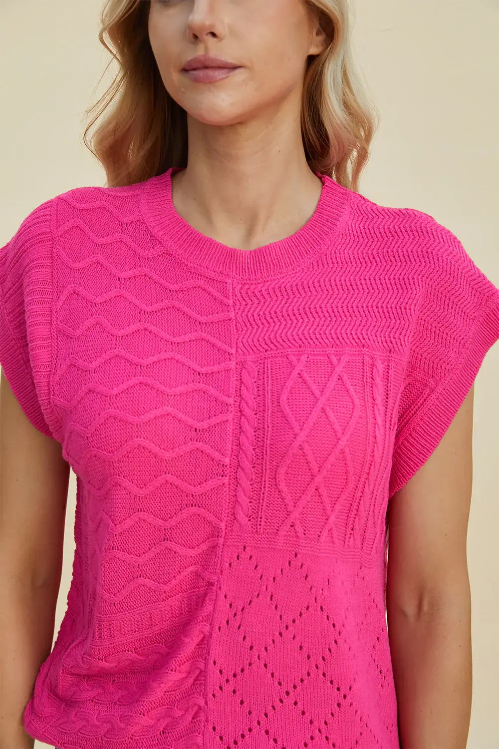 Double Take Full Size Cable-Knit Round Neck Cap Sleeve Sweater - Trendsi - Flyclothing LLC