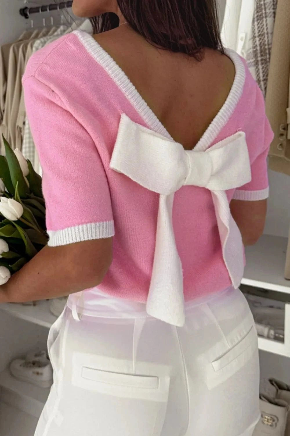 Bow Back Round Neck Short Sleeve Knit Top - Trendsi