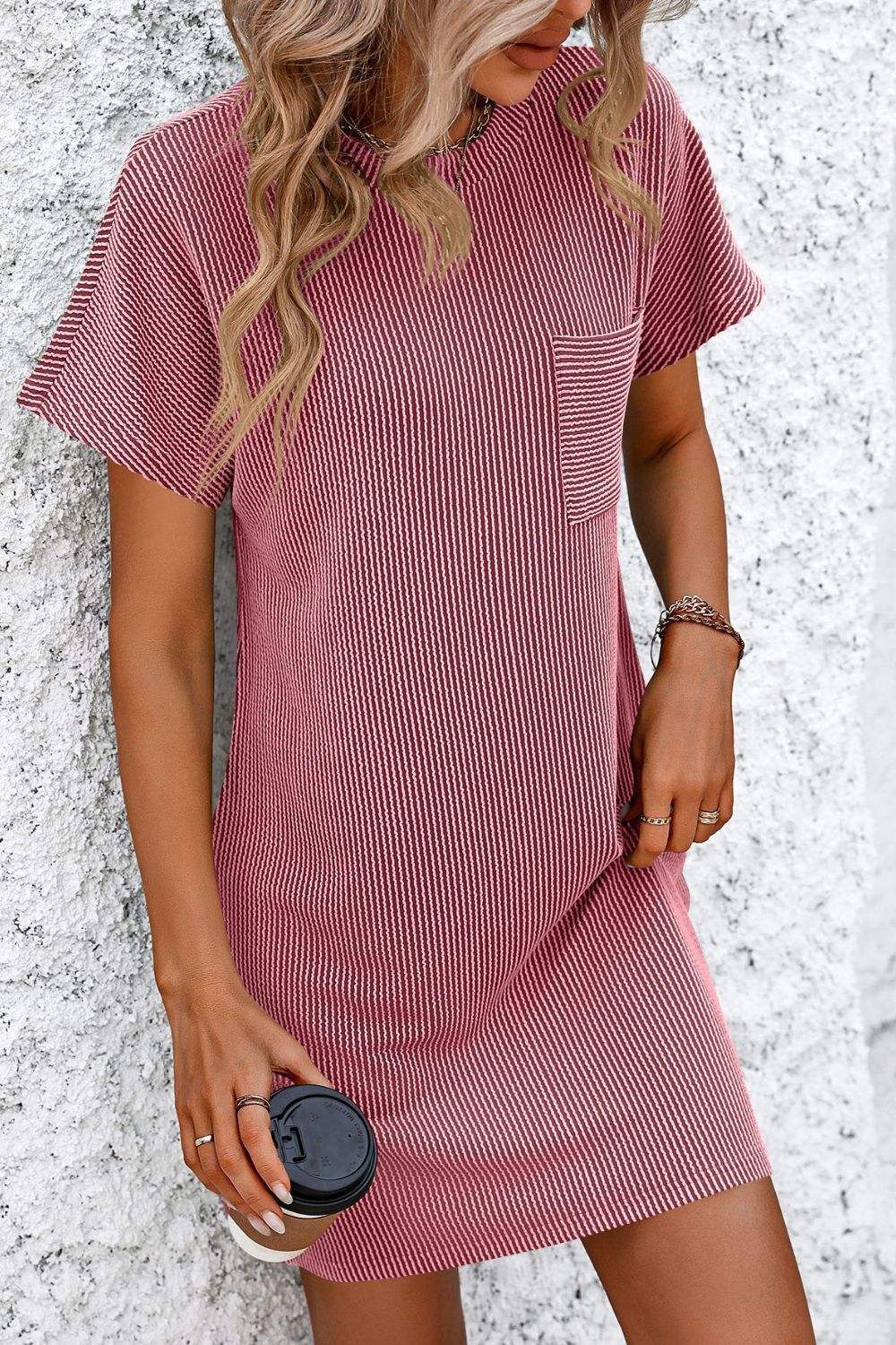 Ribbed Striped Short Sleeve Mini Tee Dress - Trendsi - Flyclothing LLC