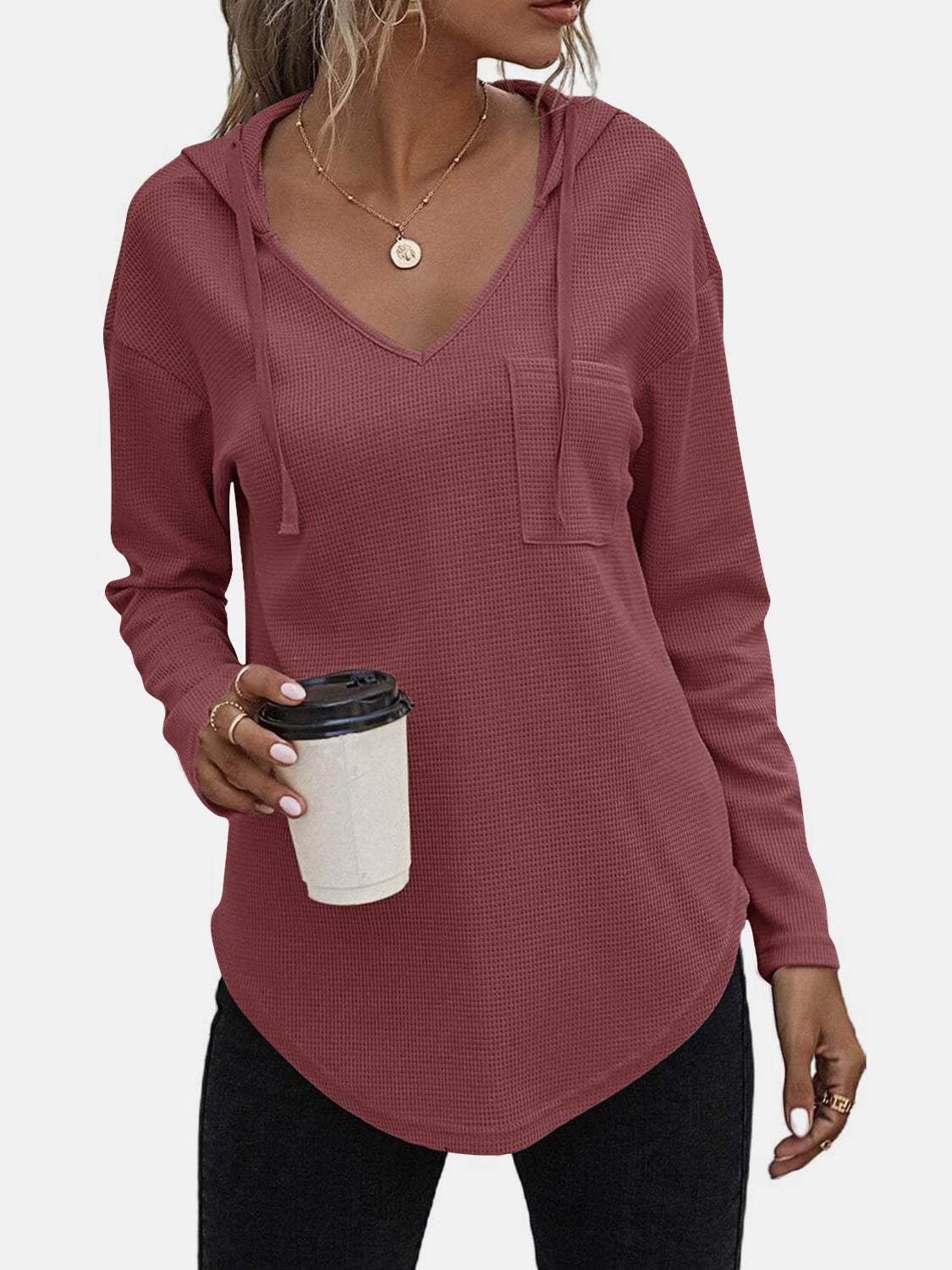 Drawstring Waffle Knit Long Sleeve Hooded Top - Trendsi - Flyclothing LLC