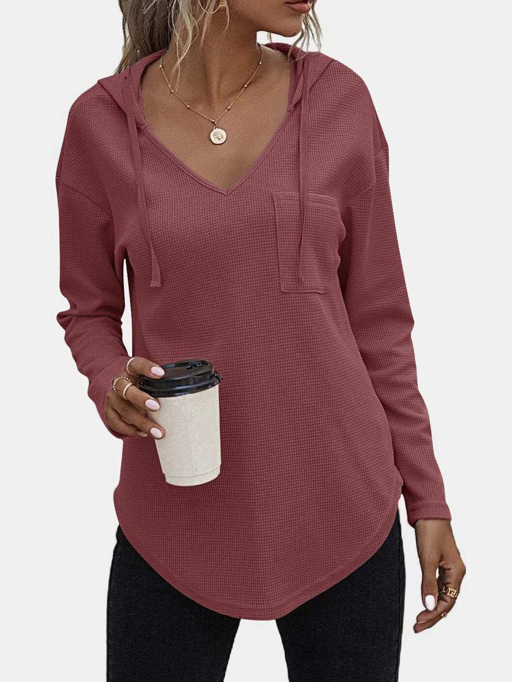 Drawstring Waffle Knit Long Sleeve Hooded Top - Trendsi - Flyclothing LLC