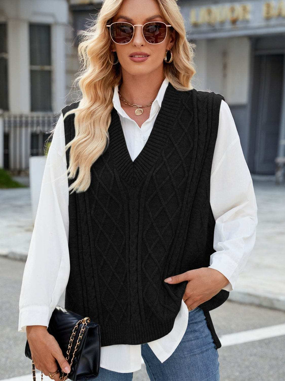 Cable Knit V-Neck Sweater Vest - Trendsi - Flyclothing LLC