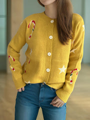 Candy Cane & Star Button Down Long Sleeve Cardigan - Trendsi
