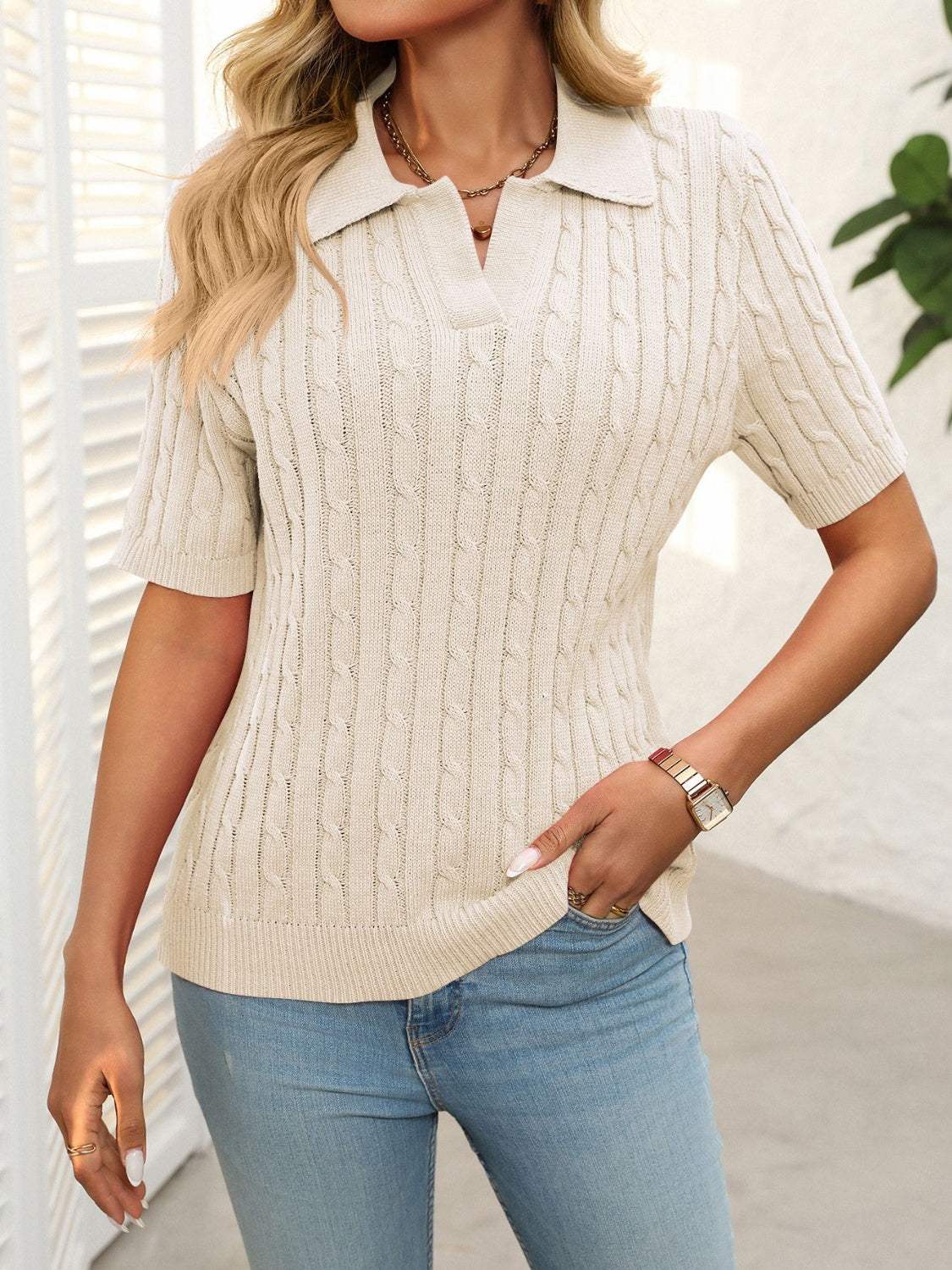 Mandy Cable Knit Johnny Collar Half Sleeve Sweater - Trendsi - Flyclothing LLC