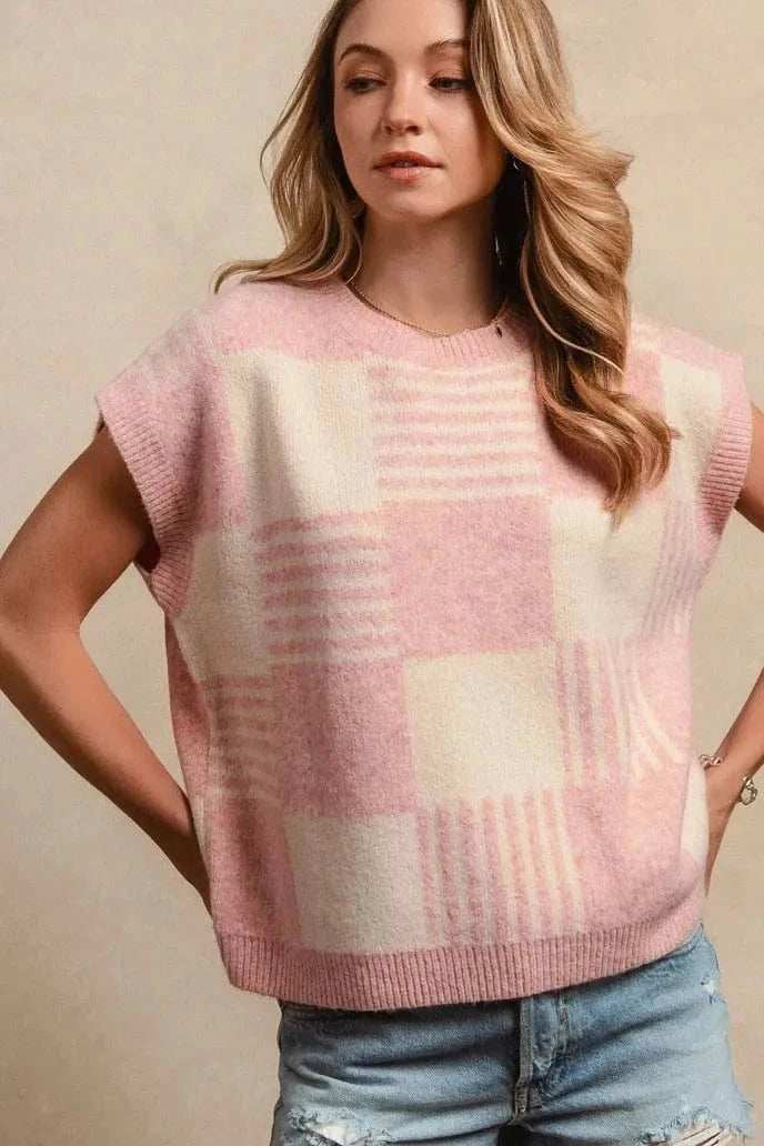 BiBi Checker With Stripes Pattern Sleeveless Sweater - Trendsi - Flyclothing LLC
