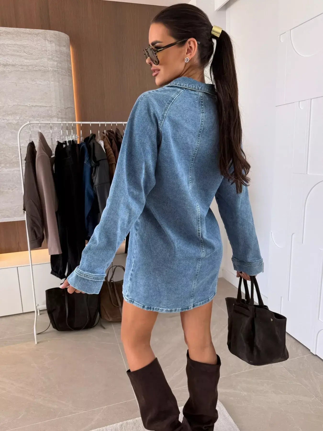 Collared Neck Long Sleeve Denim Dress - Trendsi - Flyclothing LLC