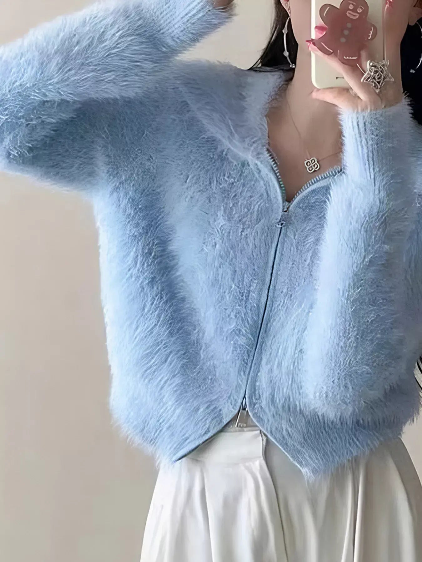 Fluffy Knit Zip-Up Outerwear - Trendsi - Flyclothing LLC