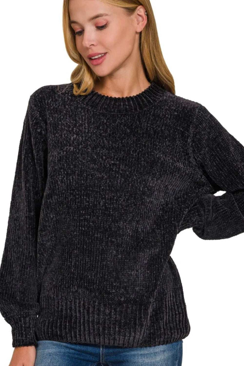 Zenana Round Neck Balloon Sleeve Chenille Sweater - Trendsi