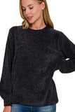 Zenana Round Neck Balloon Sleeve Chenille Sweater - Trendsi
