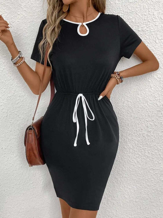 Tied Round Neck Short Sleeve Mini Dress - Trendsi - Flyclothing LLC