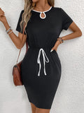 Tied Round Neck Short Sleeve Mini Dress - Trendsi