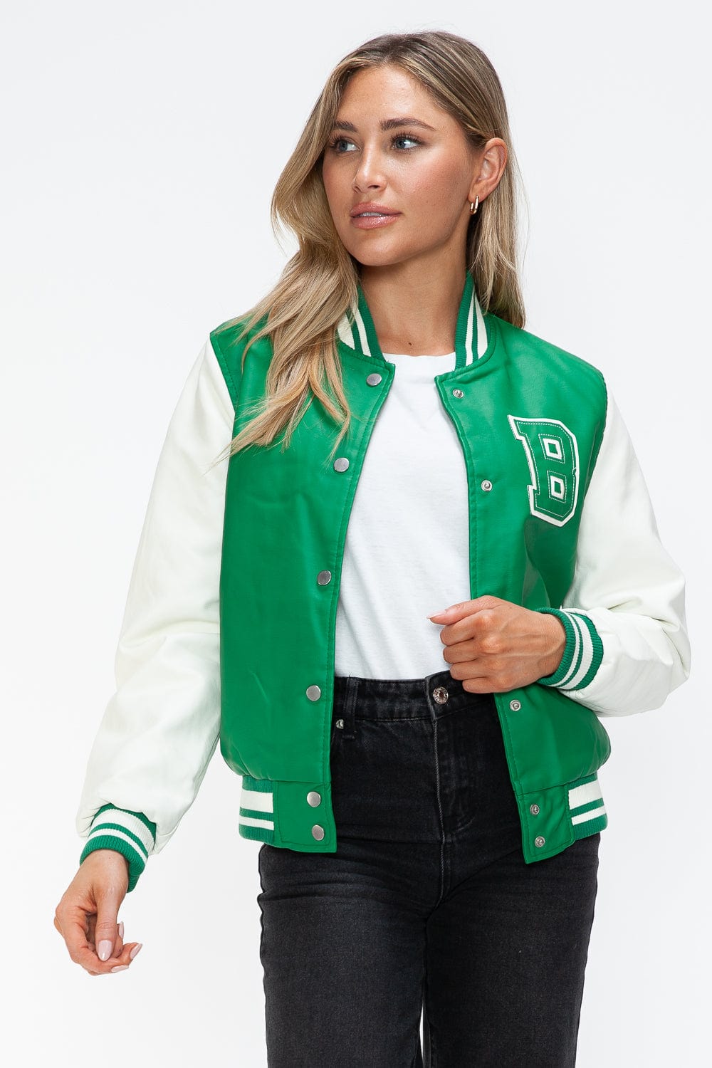 Love Me Now PU Leather Contrast Snap Down Bomber Jacket - Trendsi