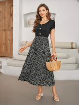 Printed Round Neck Short Sleeve Midi Dress - Trendsi - Flyclothing LLC