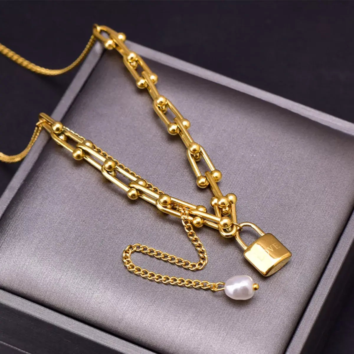 18K Gold-Plated Lock Pendant Necklace - Trendsi - Flyclothing LLC