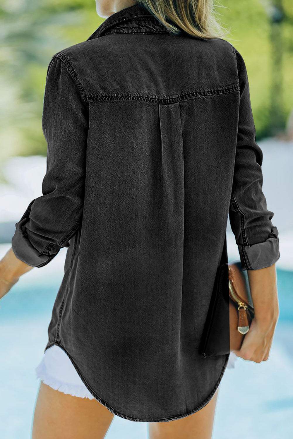 Pocketed Collared Neck Long Sleeve Denim Top - Trendsi - Flyclothing LLC