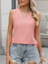 V-Neck Eyelet Knit Cami Tank Top - Trendsi - Flyclothing LLC