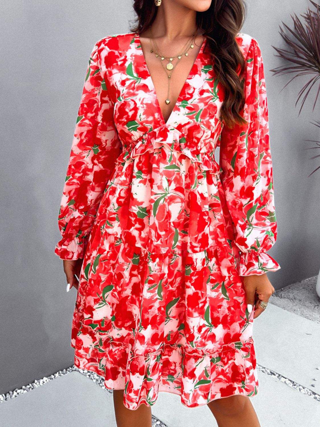 Backless Printed V-Neck Flounce Sleeve Dress - Trendsi - Flyclothing LLC