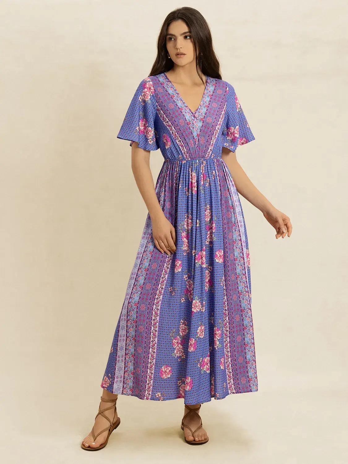 Printed Short Sleeve Midi Dress - Trendsi - Flyclothing LLC