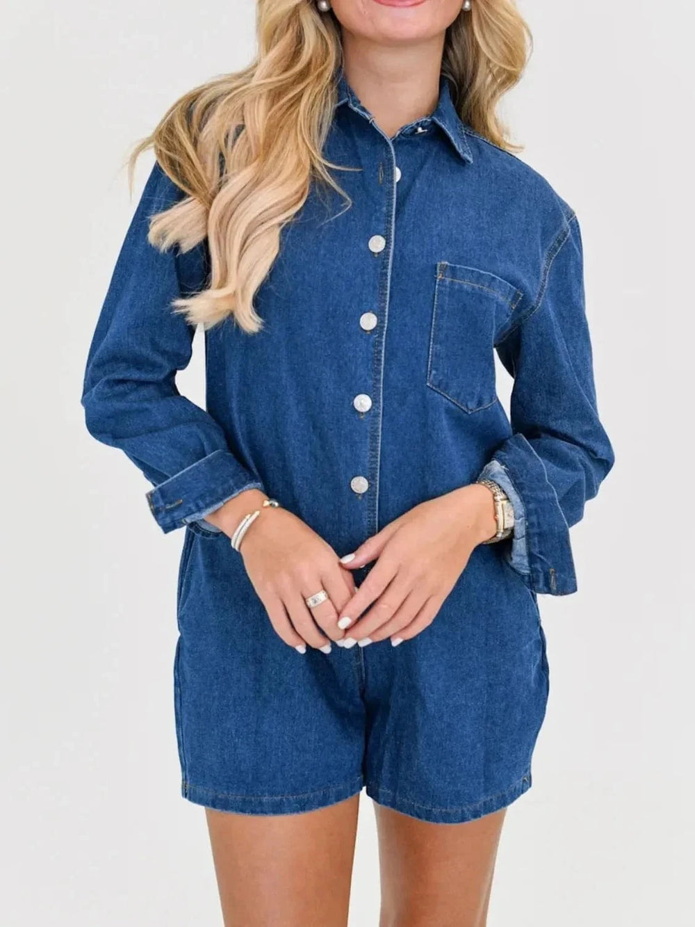 Button Front Long Sleeve Denim Romper - Trendsi