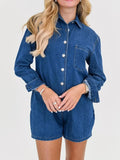 Button Front Long Sleeve Denim Romper - Trendsi