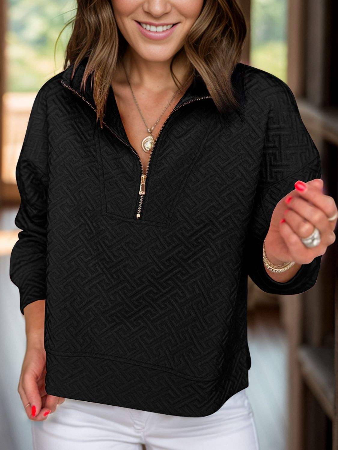 Textured Half Zip Long Sleeve Sweatshirt - Trendsi - Flyclothing LLC