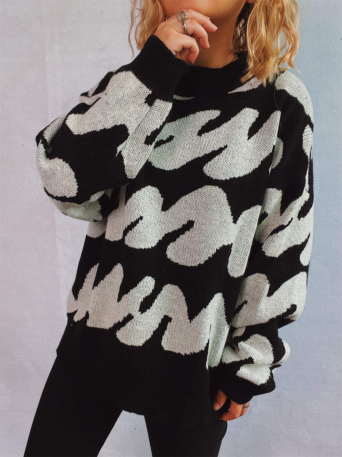 Contrast Round Neck Long Sleeve Sweater - Trendsi - Flyclothing LLC