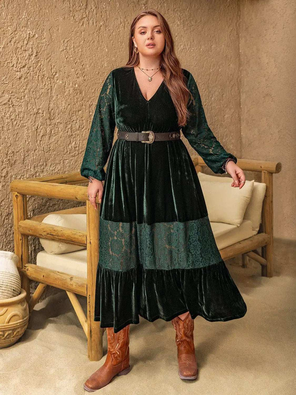 Plus Size Lace Patchwork V-Neck Balloon Sleeve Midi Dress - Trendsi - Flyclothing LLC