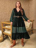 Plus Size Lace Patchwork V-Neck Balloon Sleeve Midi Dress - Trendsi - Flyclothing LLC