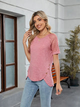 Round Neck Lace Short Sleeve T-Shirt - Trendsi - Flyclothing LLC