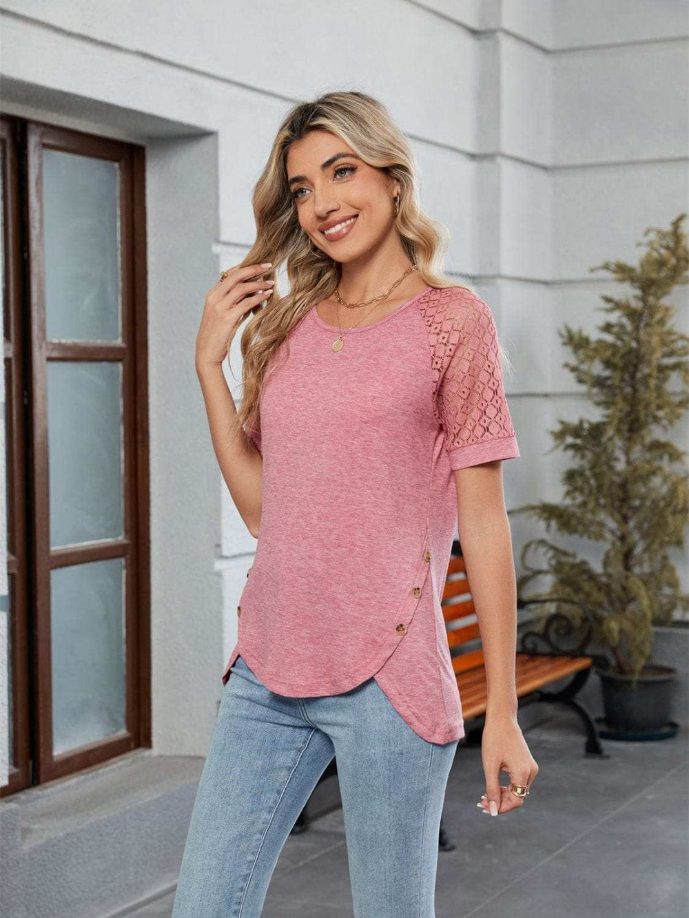Round Neck Lace Short Sleeve T-Shirt - Trendsi - Flyclothing LLC