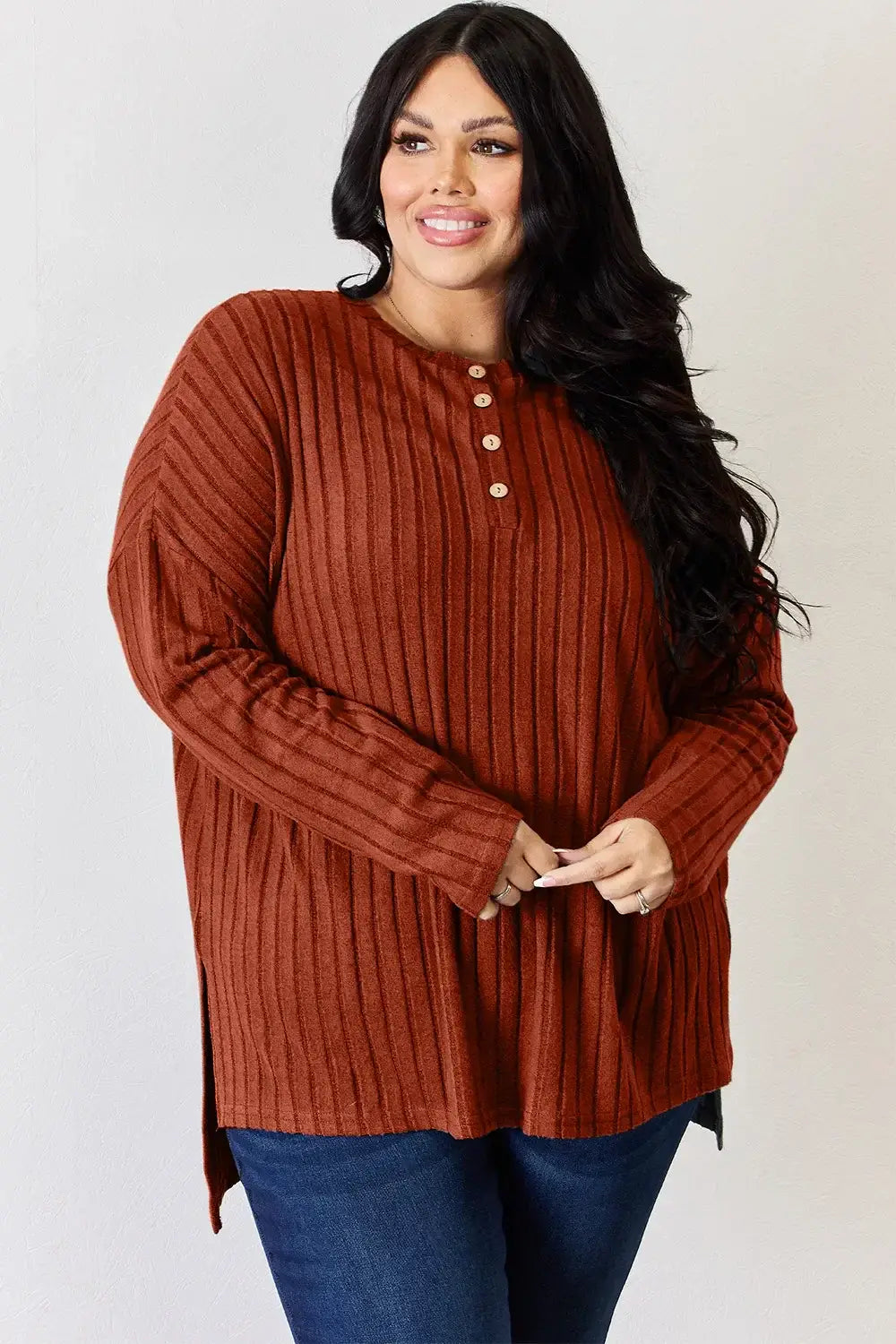 Basic Bae Full Size Ribbed Half Button Long Sleeve High-Low T-Shirt - ShopBasicbae - Flyclothing LLC