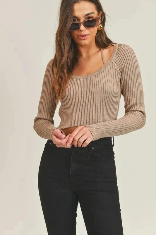 MABLE Long Sleeve Crop Sweater Top and Inner Bra Set - Trendsi