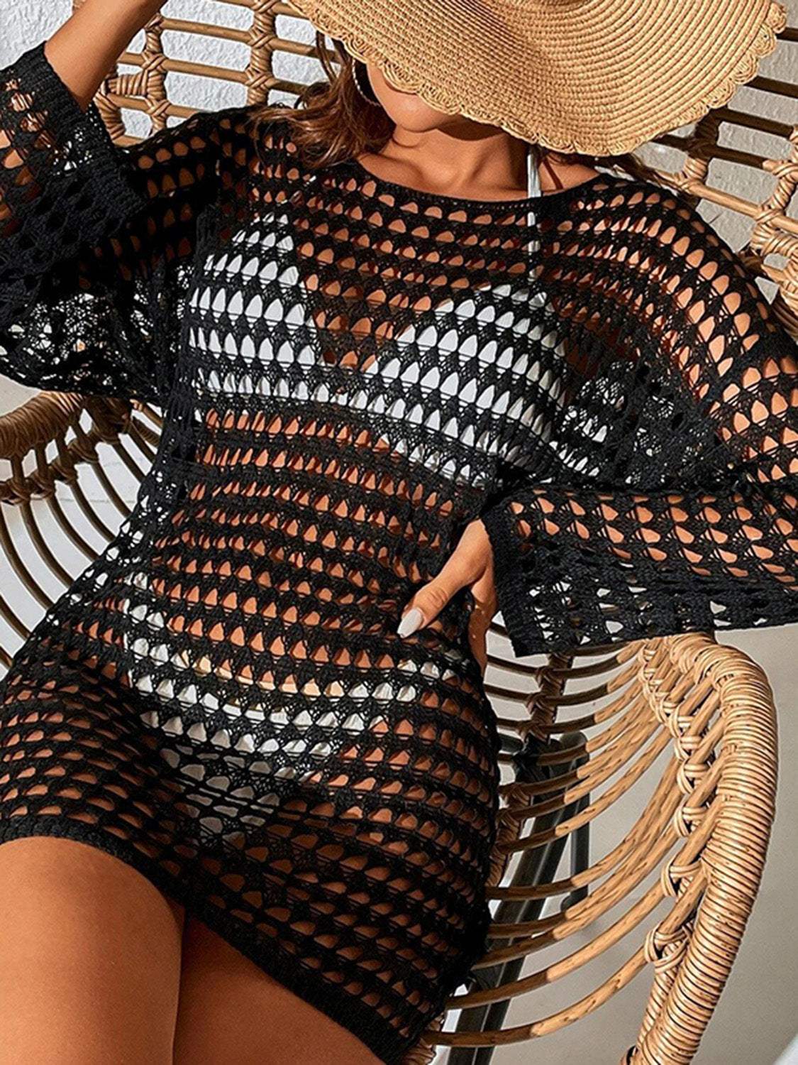 Openwork Boat Neck Long Sleeve Cover-Up - Trendsi - Flyclothing LLC