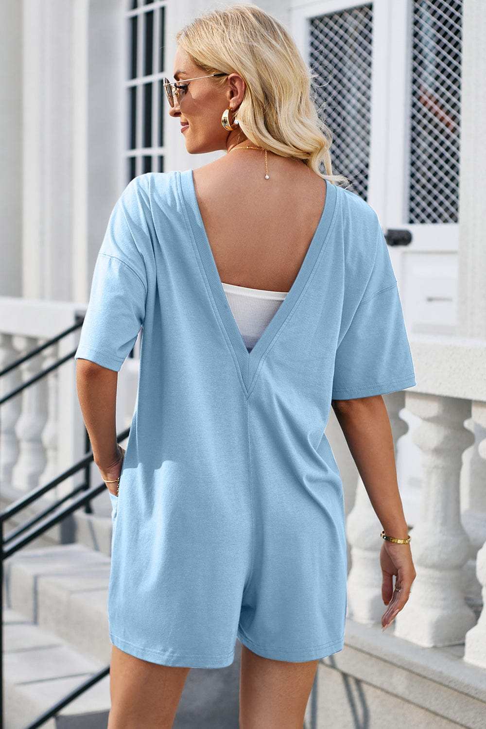 Backless Round Neck Half Sleeve Romper - Trendsi - Flyclothing LLC