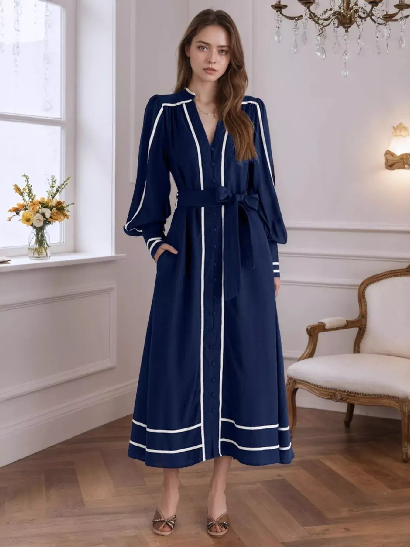 Notched Lantern Sleeve Dress - Trendsi - Flyclothing LLC