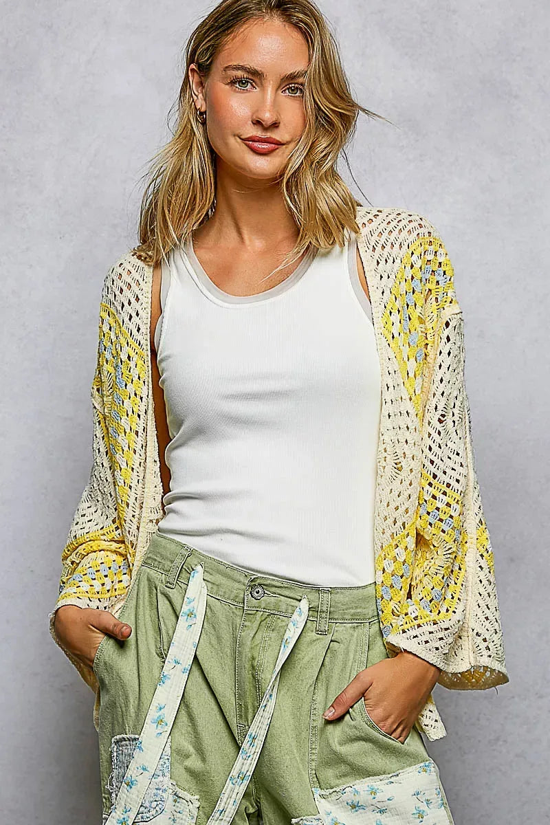 POL Open Front Crochet Cardigan with Granny Square Pattern - Trendsi - Flyclothing LLC