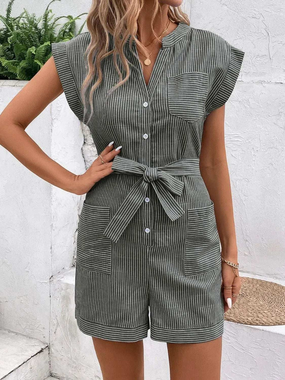 Striped Notched Tie Waist Romper - Trendsi - Flyclothing LLC